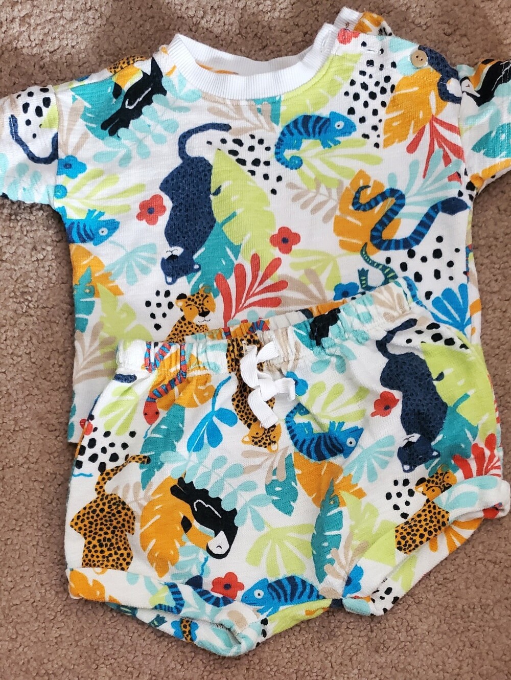 Old Navy White Jungle Print Two-Piece Set with Blue, Yellow, Green Accents